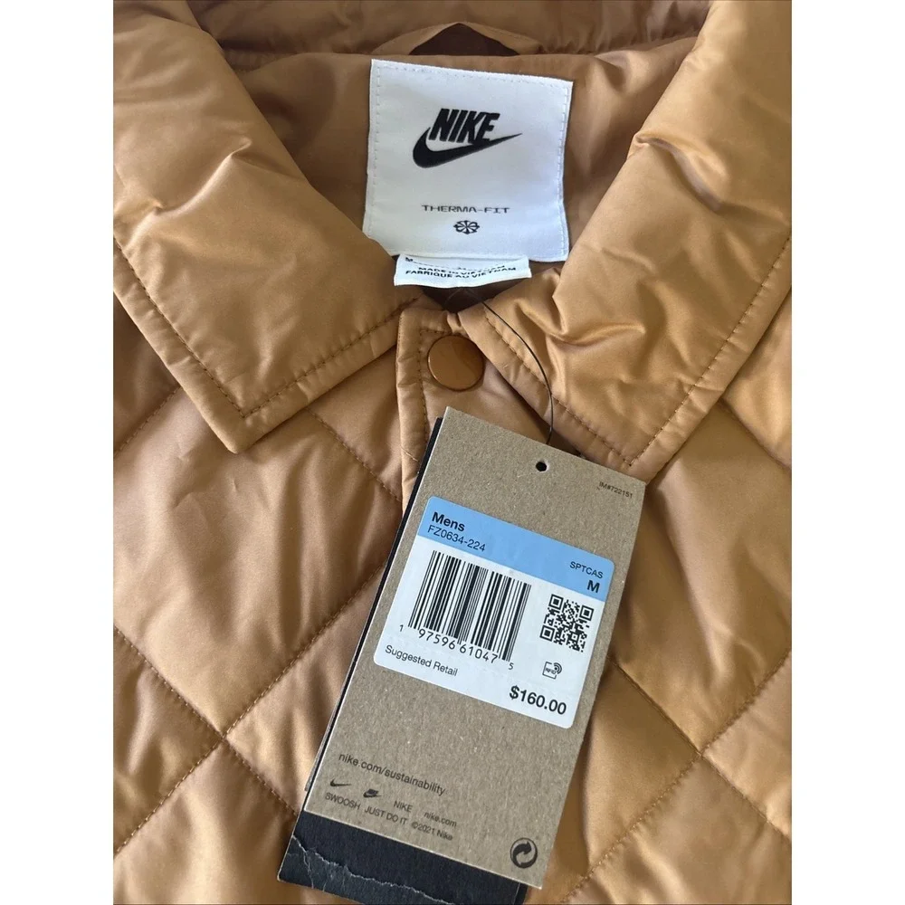 Nike Club Therma-FIT Mens M Brown Lightweight Quilted Jacket FZ0634-224 Snap NWT